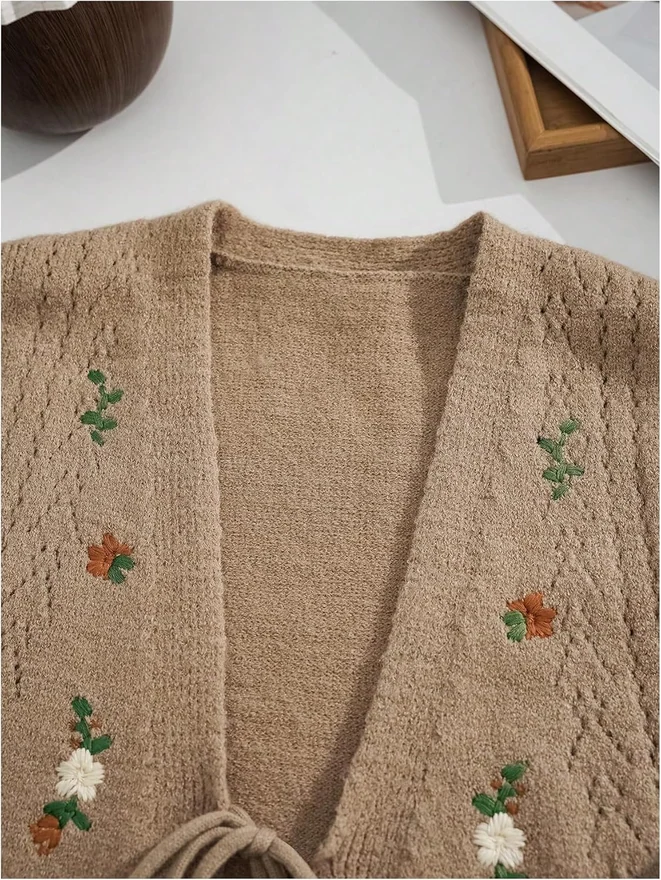Floral Embroidered Tie Front Sweater Vest Khaki by OYOANGLE, photograph 3 of 4