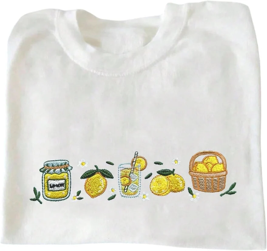 Lemon Embroidered Graphic Tees Short Sleeve Crew Neck Casual T by OYOANGLE