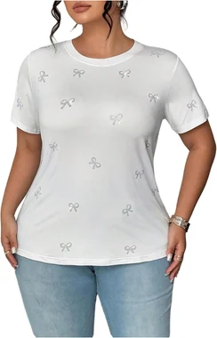 Plus Size Rhinestone Bow Top Short Sleeve Crew Neck Tee Shirts in White