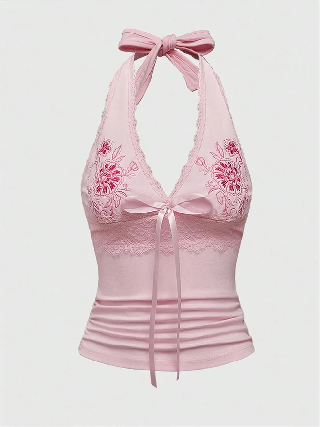 Y2k Halter Tops Floral Embroidery Going Out Top Pink by OYOANGLE, photograph 2 of 3
