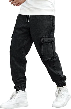 Drawstring Waist Flap Pocket Jogger Cargo Pants Carrot Denim in Black