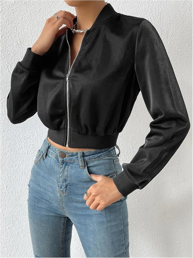 Cropped Bomber Jacket Long Sleeve Zip Up Baseball Collar Fall by OYOANGLE, photograph 4 of 4