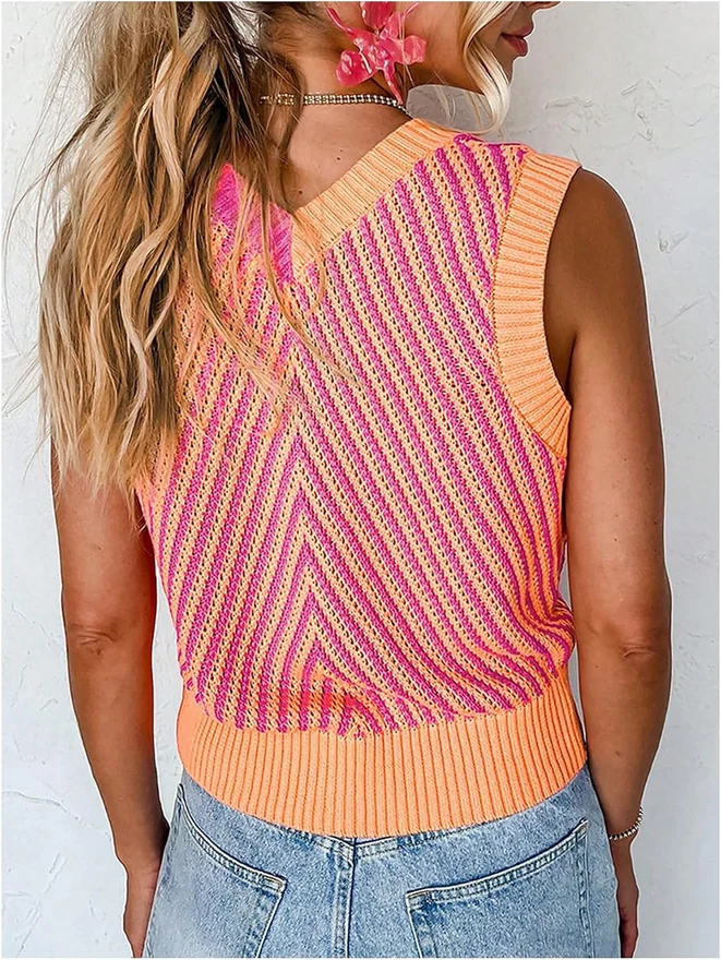 Color Block Striped Sweater Vest Sleeveless V Neck Knitted by OYOANGLE, photograph 3 of 4