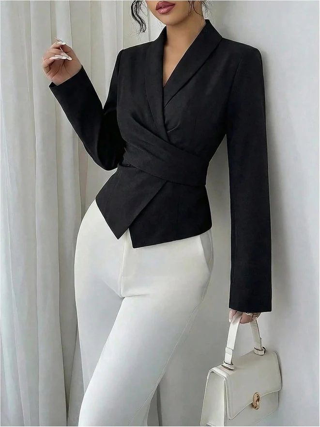 Wrap Front Blazer Blouse Long Sleeve Tie Back Cinched Waist by OYOANGLE, photograph 4 of 4