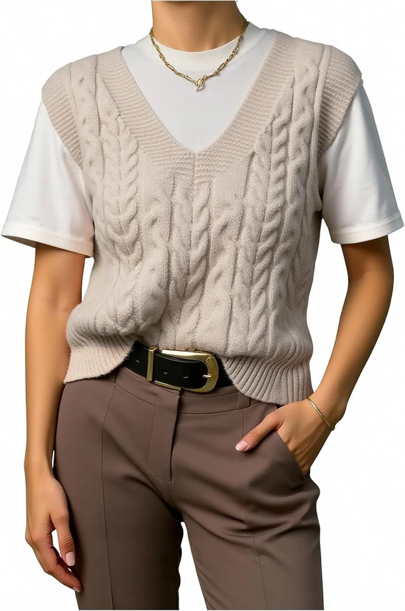 Cable Knit V Neck Sweater Vest Basic Solid Sleeveless Top by OYOANGLE