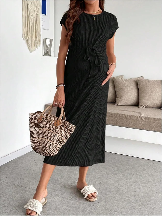 Maternity Summer Casual Short Sleeve Long Midi Dress Black by OYOANGLE, photograph 3 of 3