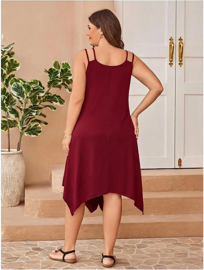Plus Size Asymmetrical Hem Flowy Midi Cami Dress Burgundy by OYOANGLE