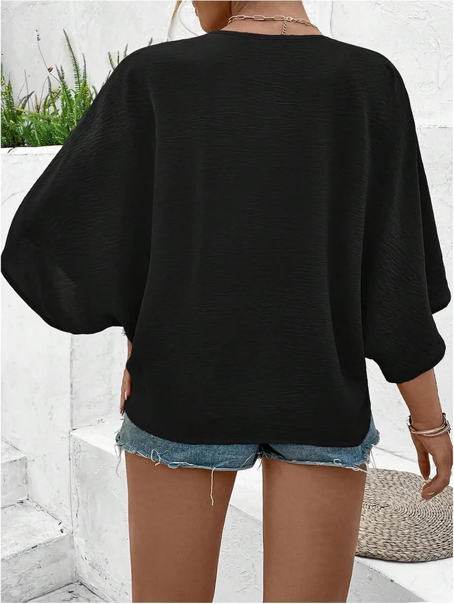 Plus Size Button Front V Neck Half Sleeve Blouse Loose Top by OYOANGLE, photograph 3 of 4