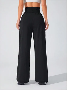 Wide Leg Yoga Pants Cinched High Waist Lounge Sweatpants in Black