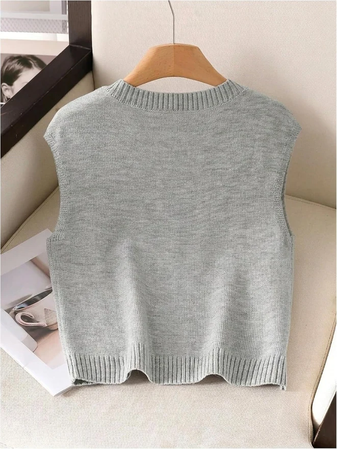 V Neck Knit Vest Sleeveless Lightweight Sweater Vests Grey by OYOANGLE, photograph 4 of 4