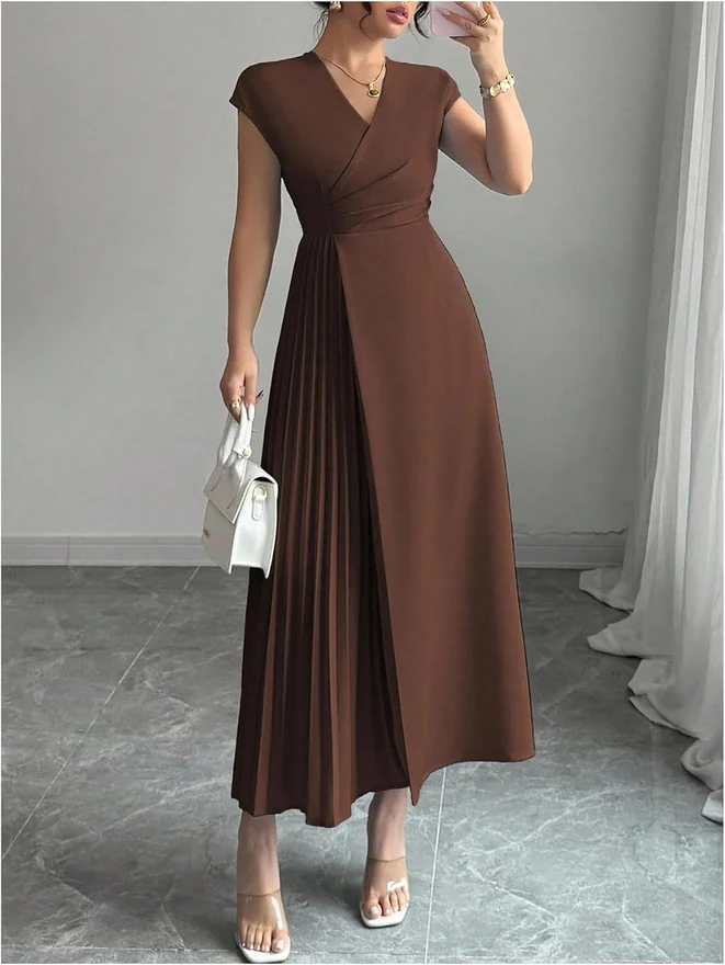 Cap Sleeve Belted Maxi Dress Brown by OYOANGLE, photograph 3 of 3