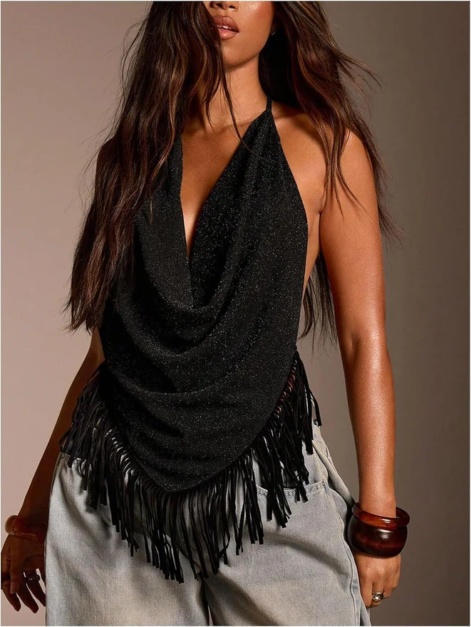 Y2k Sparkly Halter Top Deep V Neck Asymmetrical Fringe Backless by OYOANGLE, photograph 4 of 4