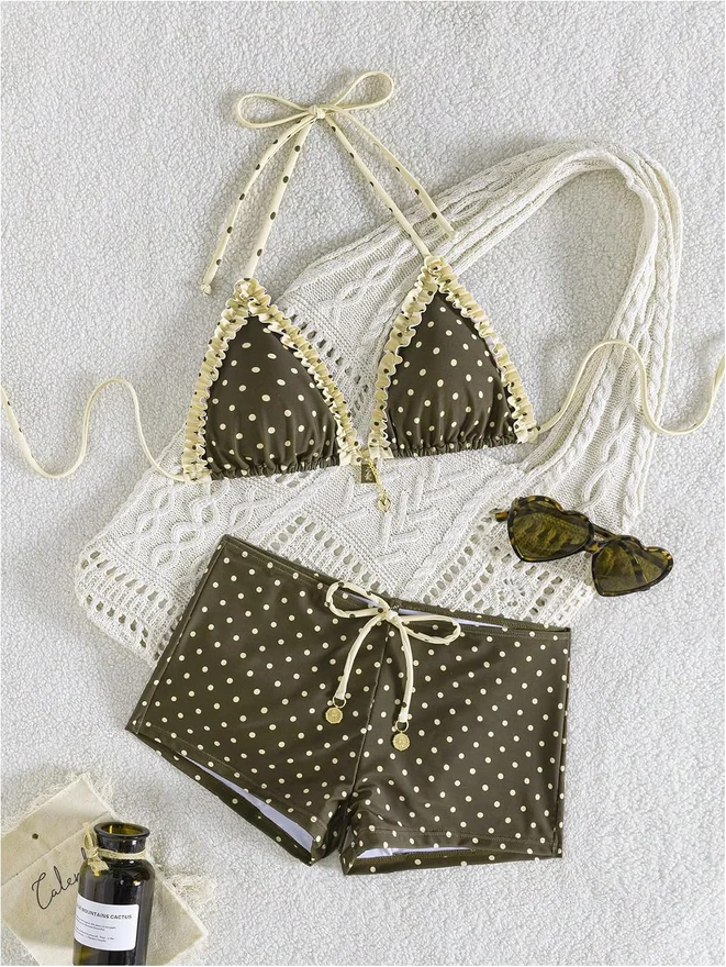 2 Piece Polka Dots Bikini Set Halter Triangle Swimsuits by OYOANGLE, photograph 2 of 4