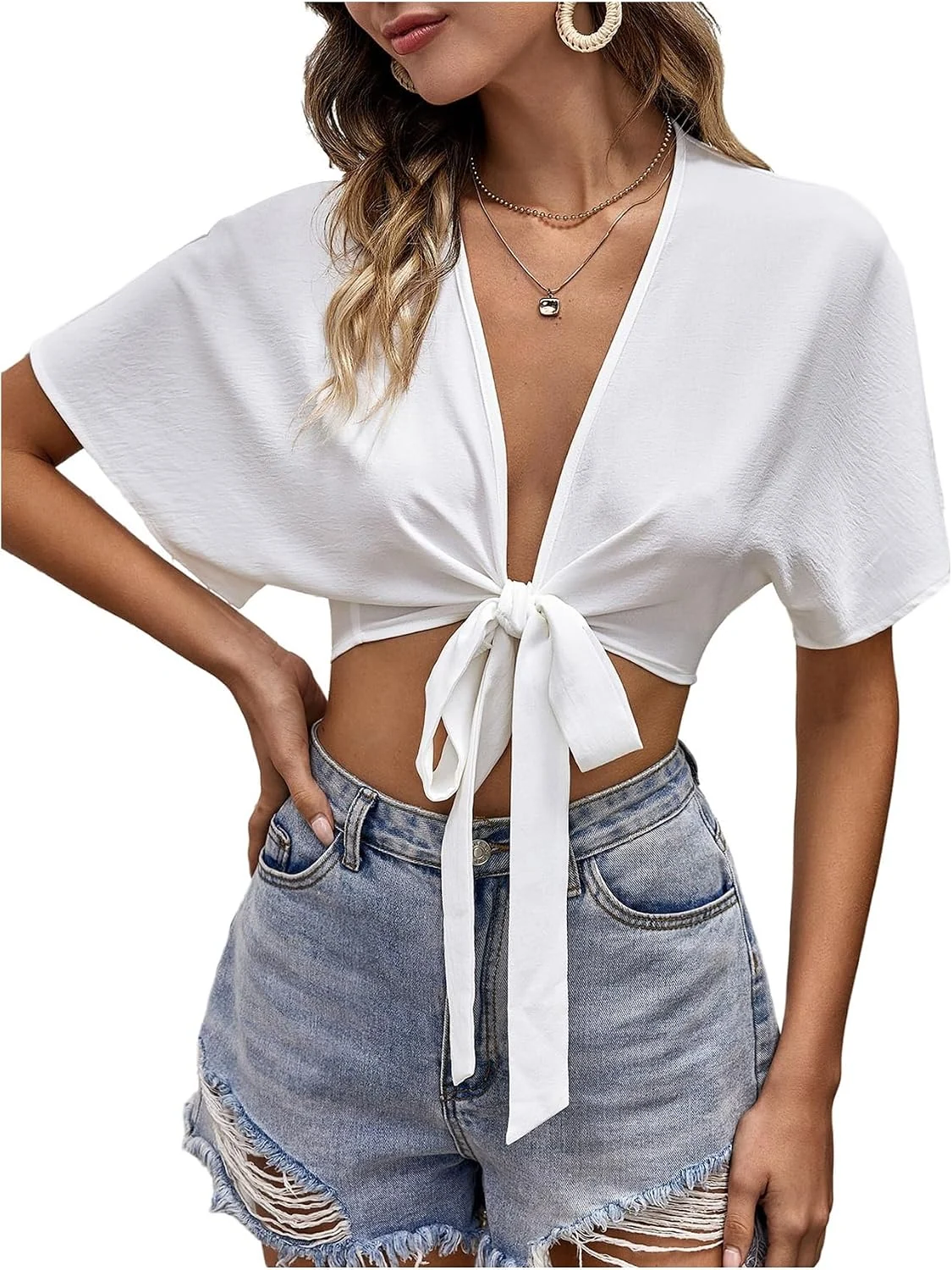 Deep V Neck Wrap Tie Front Blouse Cropped Shirt Top White by OYOANGLE, photograph 1 of 4
