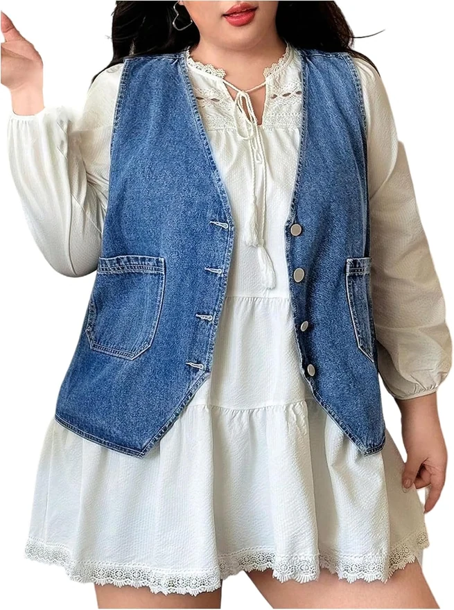 Plus Size Sleeveless Button Down Jean Jacket V Neck Denim Vest by OYOANGLE