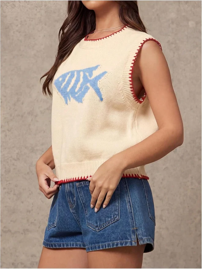 Fish Crew Neck Sleeveless Sweater Vest Tank Tops Champagne by OYOANGLE, photograph 3 of 4