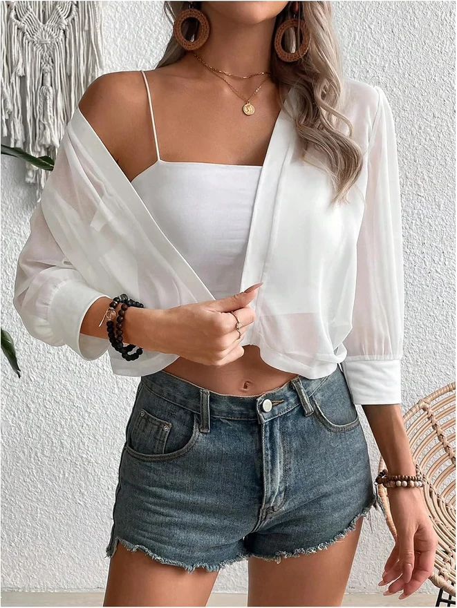 3/4 Sleeve Open Front Sheer Cropped Cardigans by OYOANGLE, photograph 4 of 4