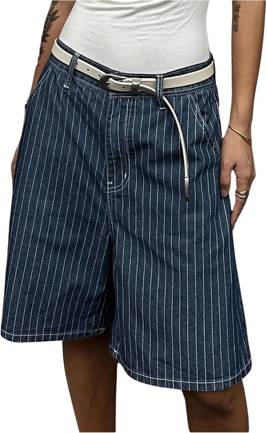 Striped Jorts Retro Wide Leg Bermuda Jean Shorts Y2K Baggy Cargo by OYOANGLE