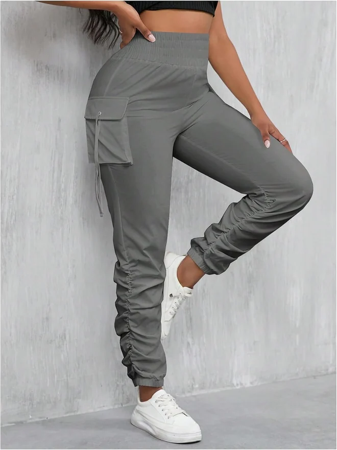 Y2K Rave Ruched Flap Pocket Cargo Pants Elastic High Waist by OYOANGLE