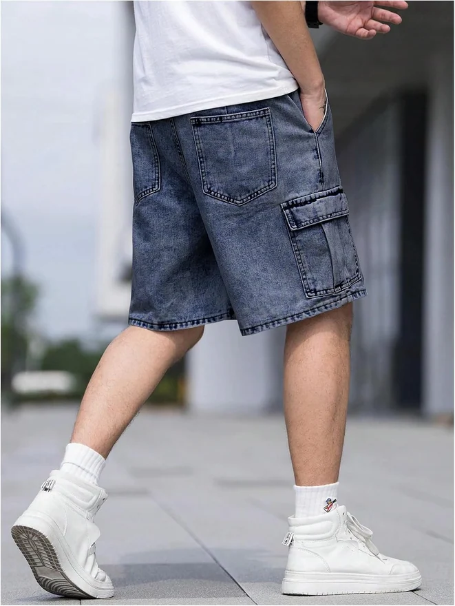Drawstring Waist Cargo Jean Denim Shorts with Flap Pockets by OYOANGLE, photograph 2 of 4