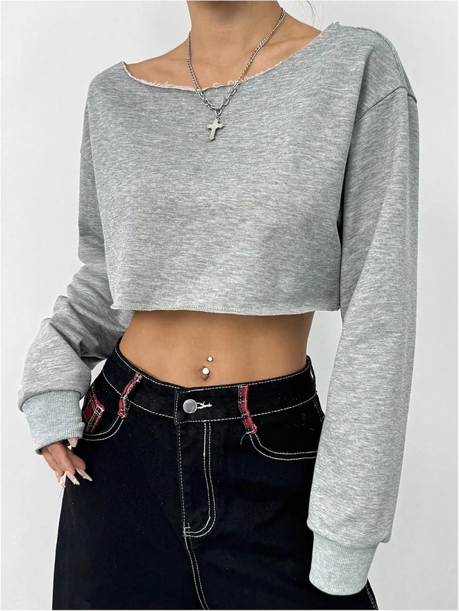 Off The Shoulder Top Y2K Crop Top Cropped Sweatshirt Grey by OYOANGLE, photograph 2 of 4