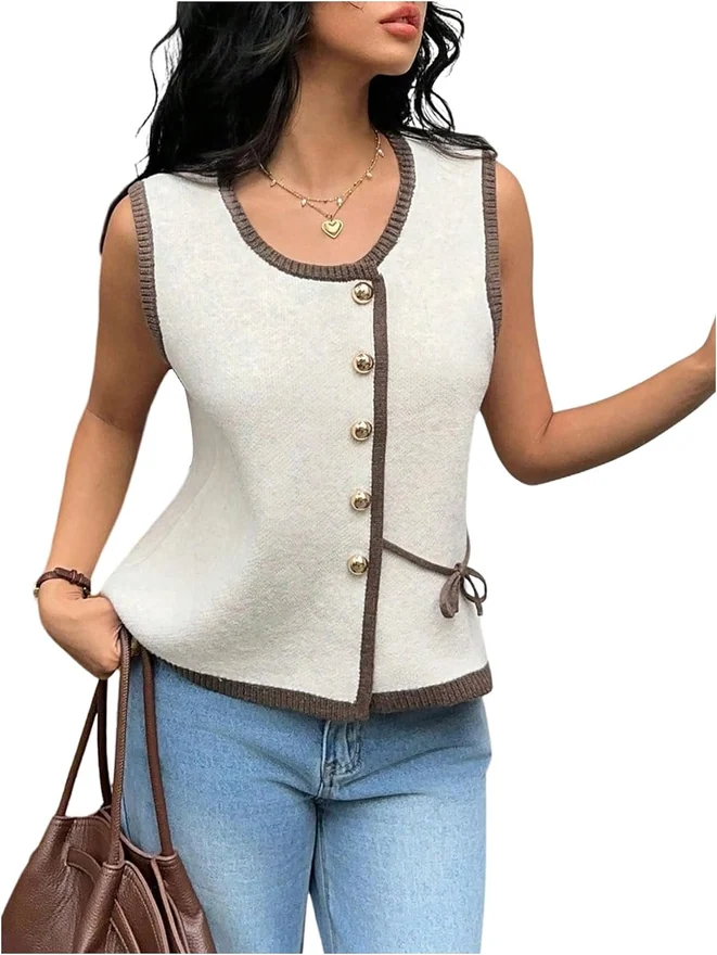 Button Up Cardigan Crew Neck Sweater Vest Apricot by OYOANGLE
