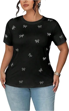 Plus Size Rhinestone Bow Top Short Sleeve Crew Neck Tee Shirts in Black