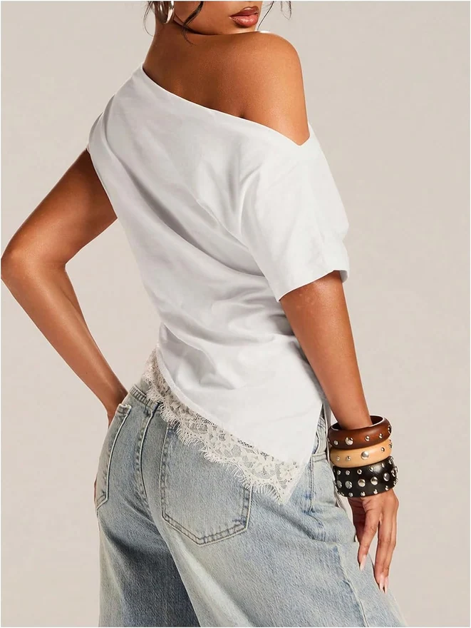 Off The Shoulder Top Lace Asymmetrical Y2K Going Out Top Tee by OYOANGLE, photograph 4 of 4