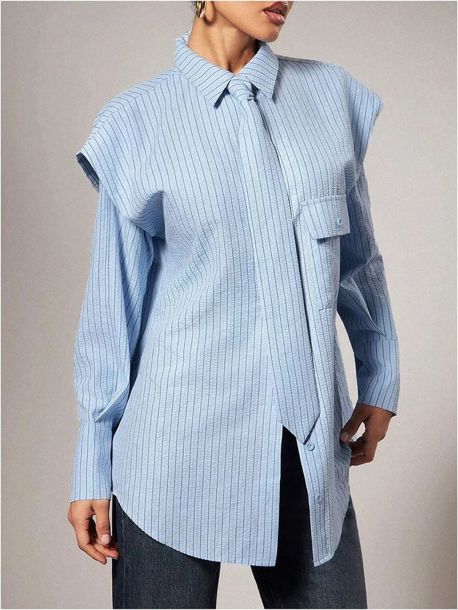 Striped Button Down Blouses Long Sleeve Oversized Shirts with by OYOANGLE, photograph 3 of 4