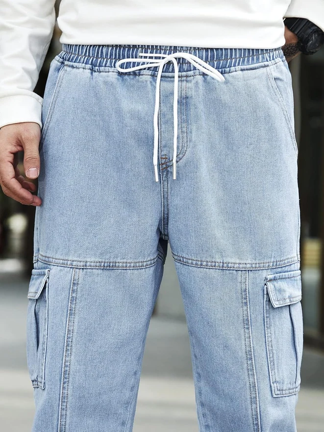 Drawstring Waist Flap Pocket Jogger Cargo Pants Carrot Denim by OYOANGLE, photograph 2 of 4
