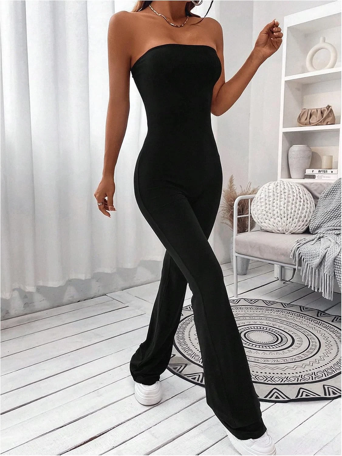 Strapless Flare Leg Jumpsuit Sleeveless Going Out Bodysuit by OYOANGLE, photograph 1 of 3