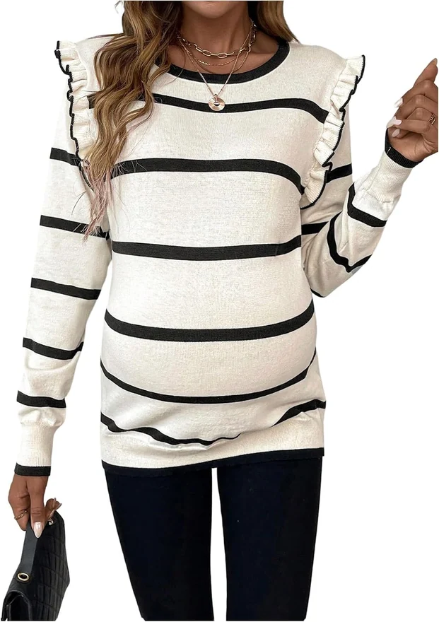 Maternity Striped Frill Trim Sweater Crewneck Long Sleeve Knit by OYOANGLE