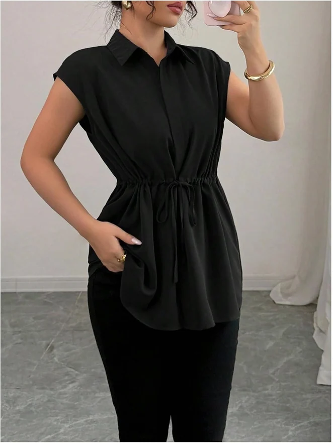 Button Down Shirt Short Sleeve Peplum Business Blouse by OYOANGLE, photograph 3 of 4