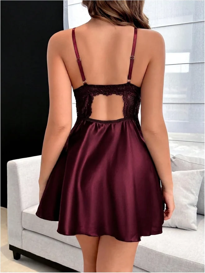 Floral Lace Satin Slip Dress Corset Mini Nightgowns Maroon by OYOANGLE, photograph 2 of 4
