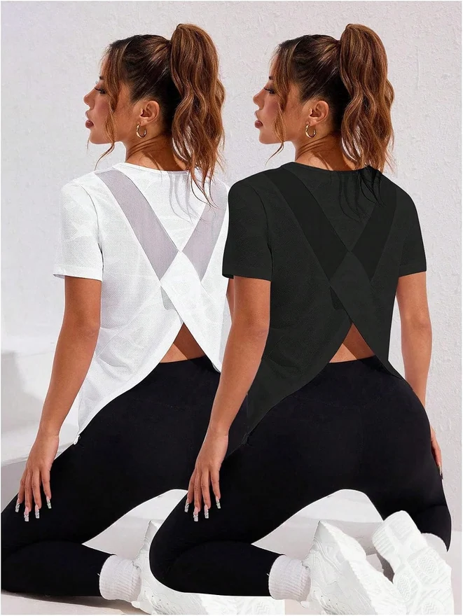 2 Pack Workout T Shirts Split Back Short Sleeve Athletic Tee Gym by OYOANGLE, photograph 2 of 4