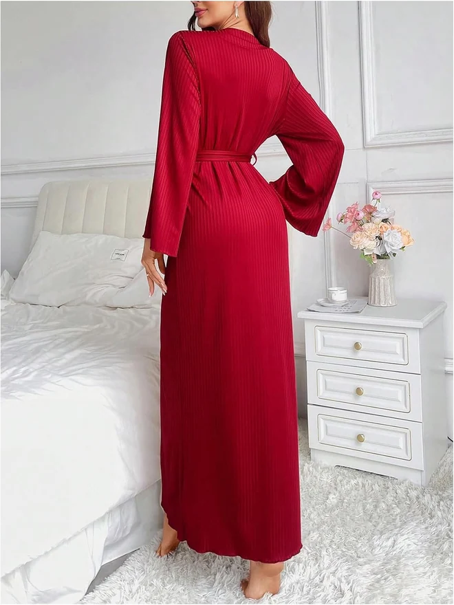 Long Knit V Neck Bath Robe by OYOANGLE
