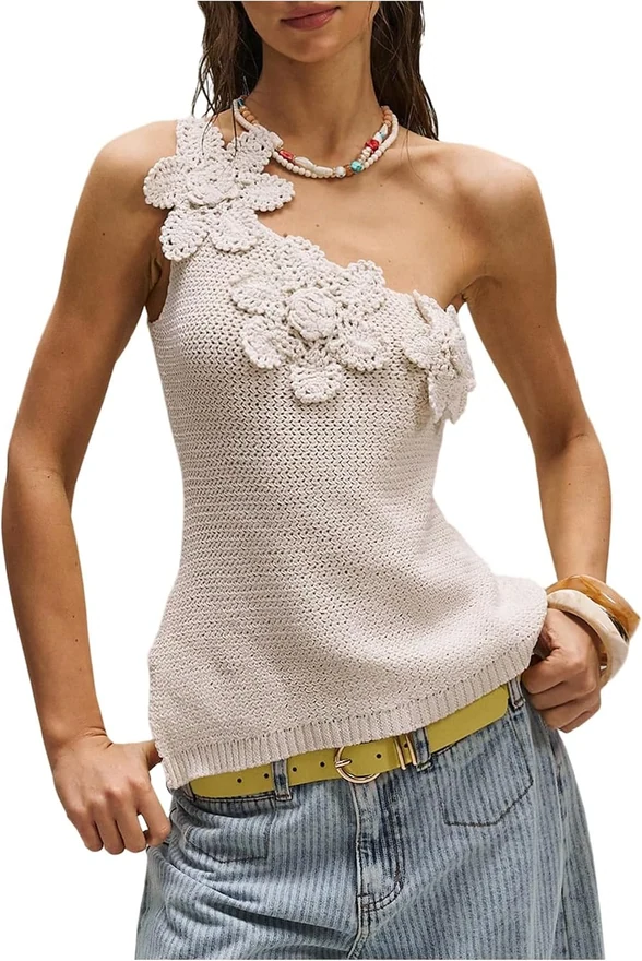 Crochet One Shoulder Sweater Vest 3D Floral Asymmetrical Knit by OYOANGLE