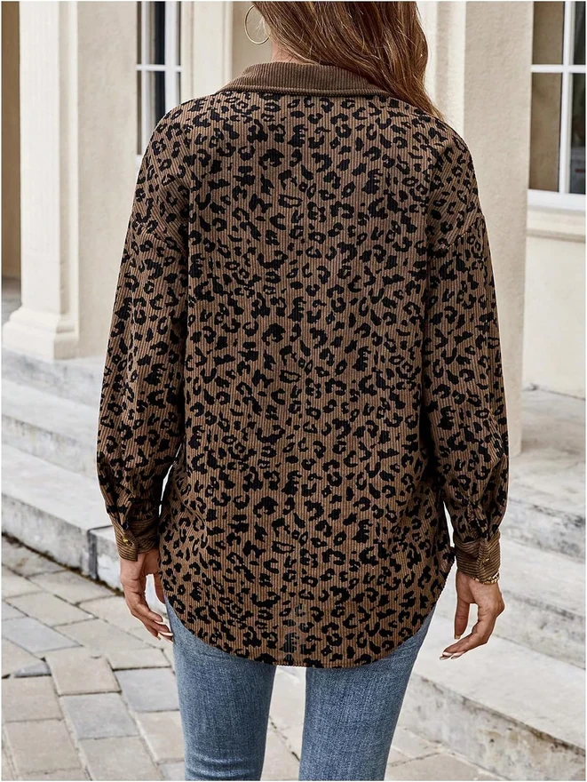Cheetah Button Down Corduroy Jackets Long Sleeve Leopard Shacket by OYOANGLE, photograph 3 of 4