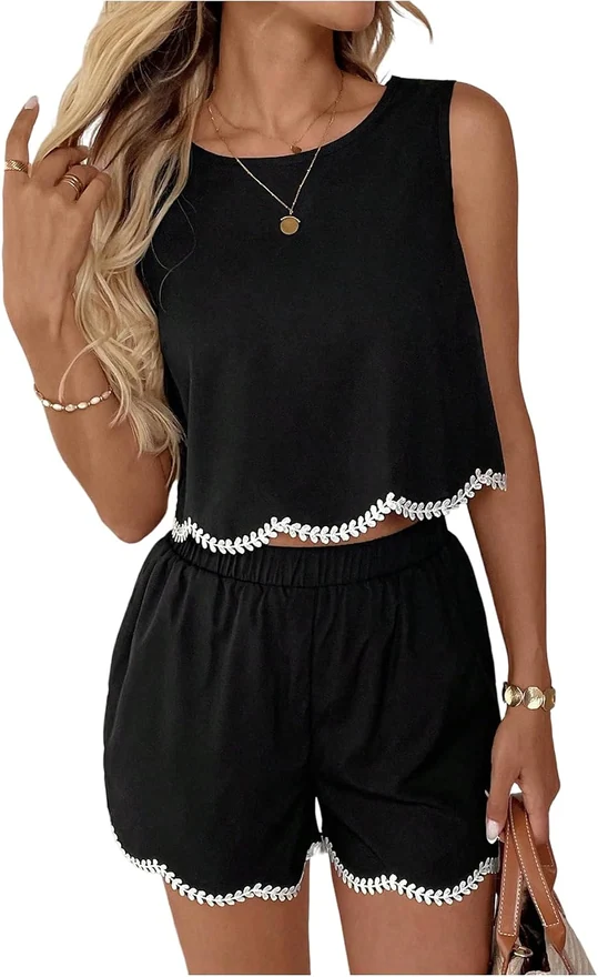 2 Piece Summer Sets Embroidered Crop Tank Top and Shorts by OYOANGLE
