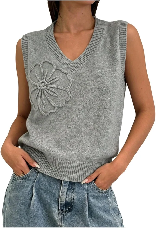 3D Floral Sweater Vest V Neck Sleeveless Pullover Knit Tank Top by OYOANGLE