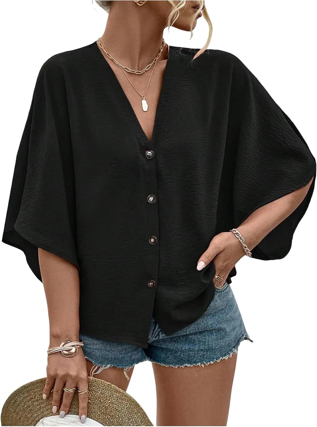 Plus Size Button Front V Neck Half Sleeve Blouse Loose Top by OYOANGLE