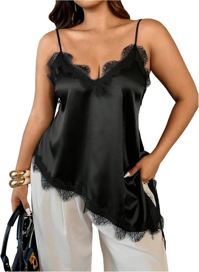 Plus Size Satin Camisole Tops Lace Trim V Neck Sleeveless by OYOANGLE