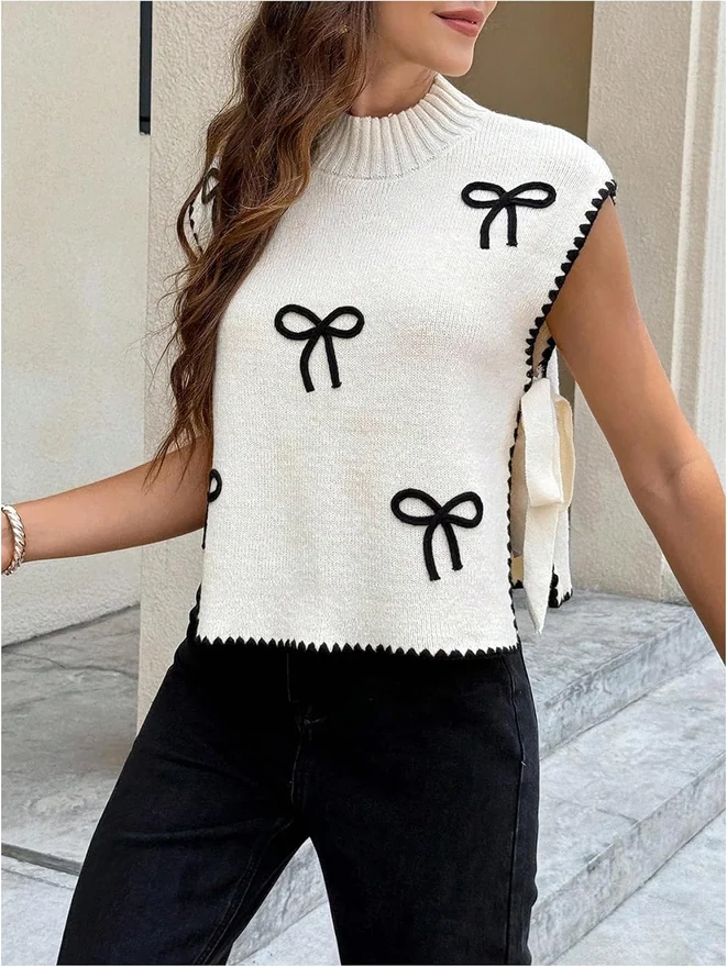 Bow Short Sleeve Sweater Side Tie Knit Pullover Top White by OYOANGLE, photograph 2 of 4