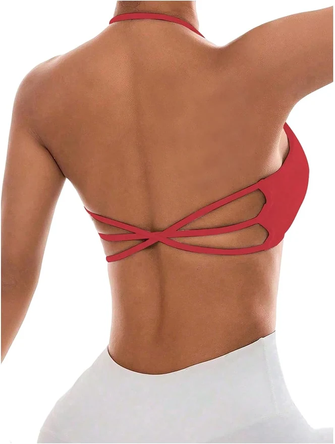 Halter Sports Bra Padded Workout Backless Yoga Bras Red by OYOANGLE