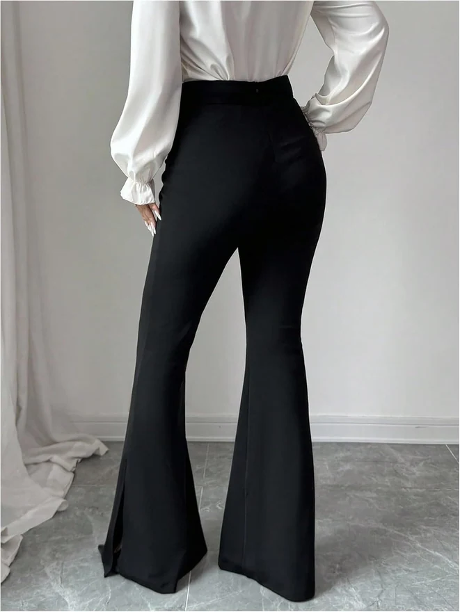 High Waisted Flared Dressy Pants Side Slit Trousers Black by OYOANGLE
