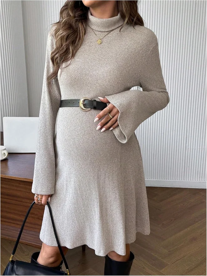 Maternity Turtleneck Bell Long Sleeve Sweater Dress Pregnancy by OYOANGLE