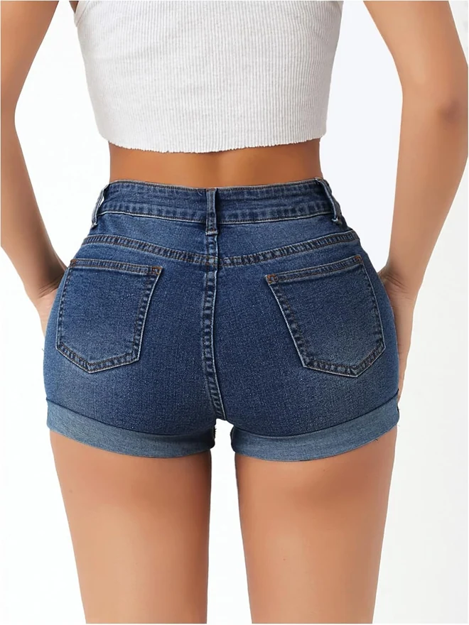 Ripped Denim Shorts Stretchy Rolled Hem Jean Shorts by OYOANGLE, photograph 2 of 4