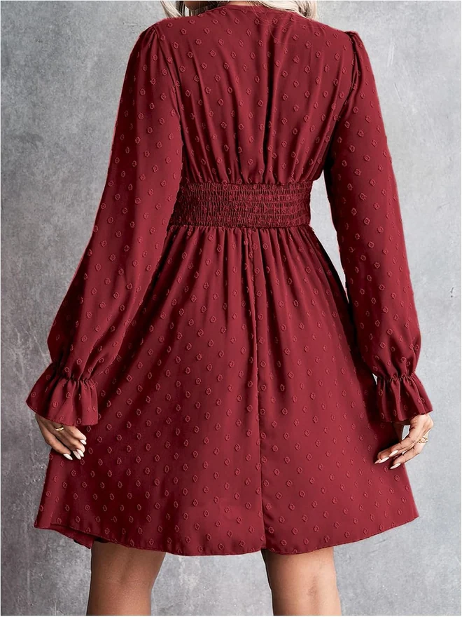 Long Sleeve Swiss Dots Ruffle Short Dresses Red by OYOANGLE, photograph 3 of 4