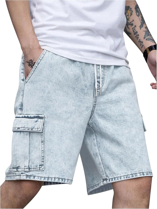 Drawstring Waist Cargo Jean Denim Shorts with Flap Pockets by OYOANGLE, photograph 4 of 4