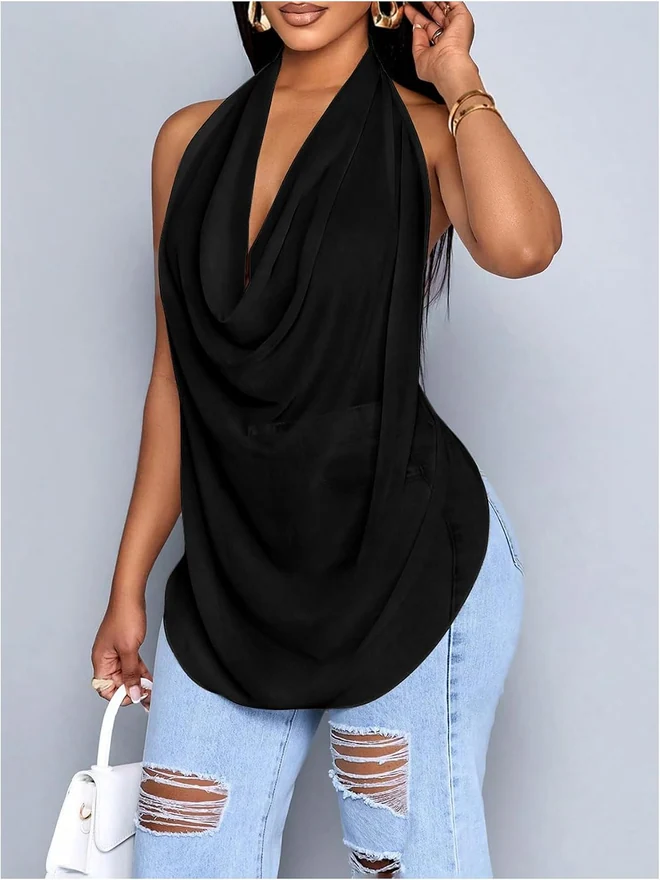 Cowl Neck Halter Tops for Women Backless See Through Draped Top by OYOANGLE, photograph 2 of 4